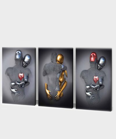 Romance Couples; Red Heart Back Cuddling,Gold Silver Holding Bum & Red Heart, Red Face Female Back Cuddling 3D Metalic 3 Pcs Set Home Decor Printed Wall Canvas